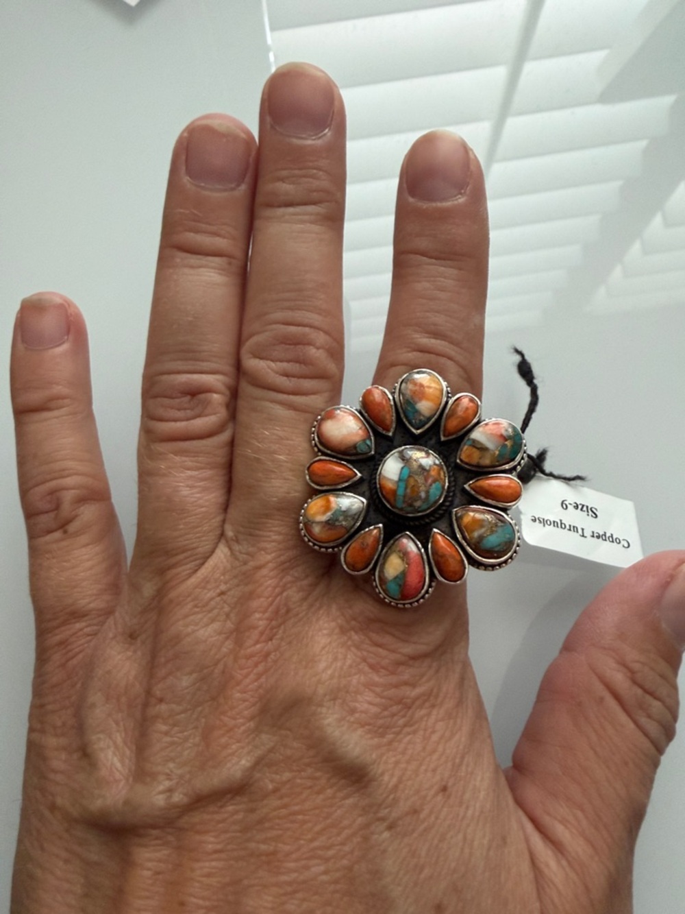 Turquoise and Coral Flower Statement Ring size 9